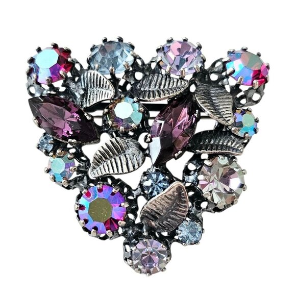 Austria Triangle Shaped Brooch Red Blue Purple AB Rhinestone Cluster Pin - Picture 1 of 8